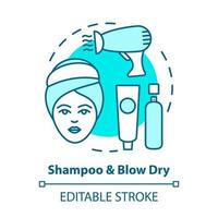 Symbol für Shampoo und trockenes blaues Konzept. Haarpflege, Behandlungsprodukte. Haarstyling-Idee dünne Linie Abbildung. Friseursalon, Friseursalon. Vektor isoliert Umrisszeichnung. editierbarer Strich