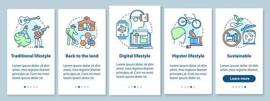 Lifestyle-Typen beim Onboarding auf dem Bildschirm der mobilen App-Seite mit linearen Konzepten. Traditionelle, digitale, Hipster-Lifestyle-Walkthrough-Schritte mit grafischen Anweisungen. ux, ui, gui-vektorvorlage mit illustrationen vektor