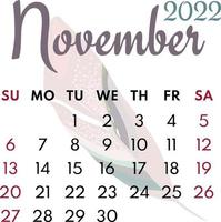 Monatskalender November 2022 vektor