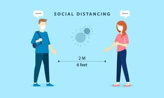 social distansering, man och kvinna hälsar och håller avstånd. för att förhindra infektion och sprida covid-19-viruset. hälso-och sjukvård koncept. vektor illustration.