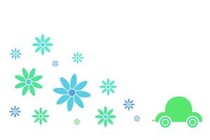 umweltfreundlich Grün Auto mit Blumen Kommen von das Auspuff Rohr. Ruhe Grün und Blau Töne. eben Symbol. Ökologie, Grün Energie. einfach Design Elemente. Infografiken, Poster, Webseite, Broschüren, drucken vektor