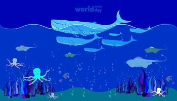 världshavsdagen. havets djurliv. doodle hand rita färgglada designstil. vektor illustration eps10