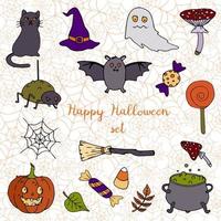 fröhliche Halloween-Aufkleber. katze, hut, wulstling, trankkessel, fledermaus, süßigkeiten, besen, kürbis, blätter. handgezeichnete Vektorgrafik im Doodle-Stil. vektor