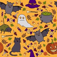 nahtloses muster des halloween-vektors. Geist, Besen, Katze, Fledermaus, Huthintergrund. urlaub bunte textur für verpackung, tapeten, textilien, scrapbooking. handgezeichnete Vektorgrafik im Doodle-Stil vektor