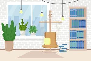 loft, ljus, mysig inredning med hängmatta stol dekorerad med böcker, växter vektor stock illustration. grafisk sammansättning av vardagsrum, relax inomhus. stanna hemma koncept