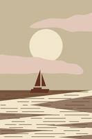 minimalistiskt havslandskap med båt vid solnedgången. abstrakt modern vektorillustration för väggdecot, t-shirttryck, design för sommarfestinbjudningar etc vektor