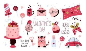 valentinstag-set mit kuchen, marshmallow, kissen, süßigkeiten, katze, schmetterling, liebeselixier und mehr cartoon-designelementen. Vektorgrafiken für Aufkleber, Scrapbooking, Hobel, Karten