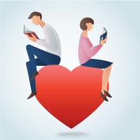 man och kvinna läser böcker och sitter på stort rött hjärta, kärlek läser koncept vektor