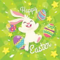 glad påsk söt kanin med påskägg och grönt tema vektor