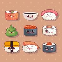 neun süße Sushi-Kawaii-Symbole vektor