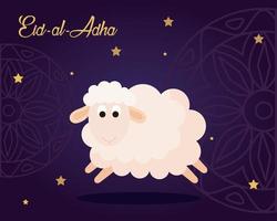 eid al adha mubarak, glad offerfest, med dekoration av får och stjärnor vektor