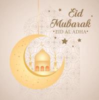 eid al adha mubarak, fröhliches opferfest, mit mond und moschee vektor