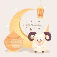 eid al adha mubarak, fröhliches opferfest, mit ziege und traditionellen symbolen vektor