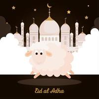 eid al adha mubarak, fröhliches opferfest, mit schafen und moschee vektor