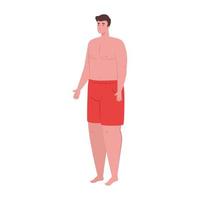 man i shorts röd färg, glad kille i baddräkt på vit bakgrund vektor