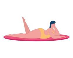 söt fyllig kvinna på ryggen i liggande på surfbrädan med baddräkt gul färg på vit bakgrund vektor