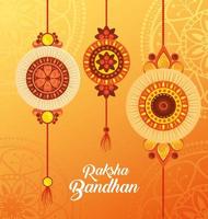 gratulationskort med dekorativ uppsättning rakhi hängande för raksha bandhan, indisk festival för bror och syster bonding firande vektor