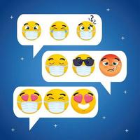 set emojis in sprechblasen, luftballons text mit gesichtern emojis chat symbole vektor