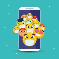 smartphone mit eingestellten emojis, gelben gesichtern im smartphone-gerät vektor