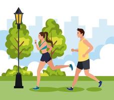 paar joggen in parklandschaft, paar laufen im freien, paar in sportbekleidung joggen in der natur vektor