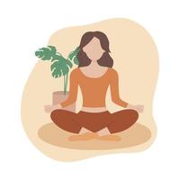 Frau meditiert im Lotussitz. Meditation, gesunder Lebensstil und Yoga. Vektor-Illustration im flachen Stil isoliert auf weißem Hintergrund vektor