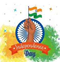 indischer glücklicher unabhängigkeitstag, ashoka chakra und hand mit flagge vektor
