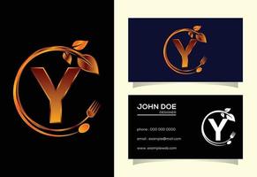 initial y monogram alfabetet med en gaffel, sked och blad. hälsosam naturlig mat logotyp. logotyp för café vektor