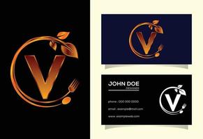 anfängliches v-monogrammalphabet mit einer gabel, einem löffel und einem blatt. Logo für gesunde natürliche Lebensmittel. Logo für Café vektor