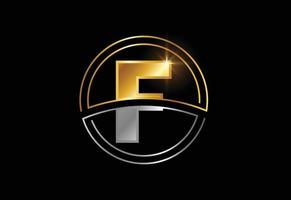 initial bokstav f med cirkelram. gyllene och silver färg alfabetet symbol för företagets företagsidentitet vektor