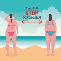 social distansering på stranden, kvinnor med rygg håller avstånd en meter, nytt normalt sommarstrandkoncept efter coronavirus eller covid 19 vektor