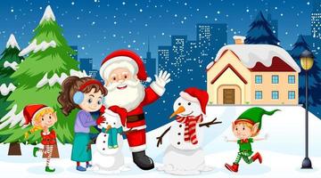 jul vinter scen med barn och jultomten vektor