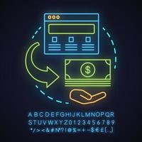 Symbol für das Konzept des Auszahlungsneonlichts. Online-Banking. Idee zum Abheben von Geldern. Internet-Zahlung. leuchtendes zeichen mit alphabet, zahlen und symbolen. vektor isolierte illustration