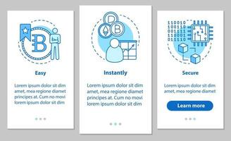 onboarding-bildschirm für mobile app-seiten für bergbauunternehmen mit linearen konzepten. Kryptowährung. einfache, sofortige, sichere Schritte mit grafischen Anweisungen. ux, ui, gui-vektorvorlage mit illustrationen vektor