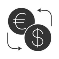 Euro- und Dollar-Wechselkurs-Glyphe-Symbol. Silhouettensymbol. negativer Raum. Erstattung. vektor isolierte illustration