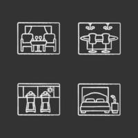 Kreidesymbole für Kreuzfahrtschiffe gesetzt. Restaurant, Casino, Fitnessraum, Schlafzimmer. isolierte vektortafelillustrationen vektor