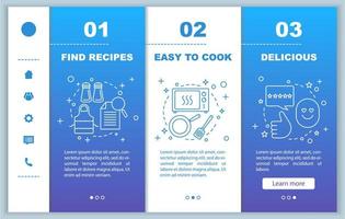 matlagning onboarding mobil webbsidor vektor mall. hitta recept, matlagning, utsökt maträtt. gränssnitt för responsiv smartphones webbplats. webbsida genomgång steg skärmar. färg koncept
