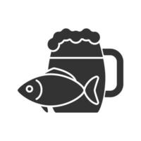 Bierkrug mit salzigem Fisch-Glyphen-Symbol. Ale. Silhouettensymbol. negativer Raum. vektor isolierte illustration