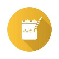 anteckningsbok med matematisk formel platt design lång skugga glyfikon. grov skiss. algebraberäkningar. vektor siluett illustration