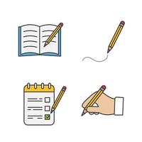 skriva med penna färg ikoner set. kopia bok, ritning, att göra-lista, hand som håller penna. isolerade vektorillustrationer vektor