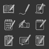 skriva med penna krita ikoner set. handstil. anteckningar, meddelanden, dokument. isolerade svarta tavlan vektorillustrationer vektor