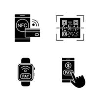 Symbole für E-Payment-Glyphen festgelegt. Bezahlen mit Smartphone, NFC-Smartwatch, QR-Code-Scanner, kontaktloses Bezahlen. Silhouettensymbole. vektor isolierte illustration