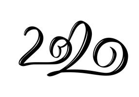 Handtecknad vektor bokstäver kalligrafi svart nummer text 2020. Gott nytt år hälsningskort. Vintage julillustration design