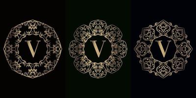 sammlung von logo-initialen v mit luxuriösem mandala-ornamentrahmen vektor