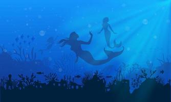 auf blauen meerjungfrauenlandschaftsschattenbildern. Silhouette einer Meerjungfrau mit Fischschwarm und Riff. vektor