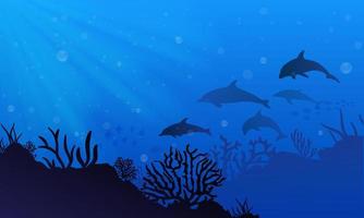 Unterwasserlandschaftshintergrund mit Silhouette des Delfins. Unterwasser-Hintergrund-Vektor-Illustration vektor