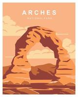 arches nationalpark utomhus äventyr bakgrundsillustration. resa till Arches nationalpark i östra Utah, USA. platt tecknad vektorillustration i färgad stil. vektor