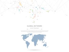 Global nätverksanslutning, Låg poly anslutande punkter och linjer med världskarta bakgrund. vektor
