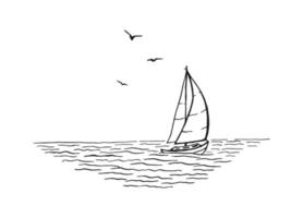 havsbild. landskap, hav, segelbåt, måsar. handritad illustration konverterad till vektor. vektor
