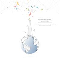 Globale Netzwerkverbindung, niedrige Polyverbindungspunkte und Linien mit Weltkartehintergrund. vektor