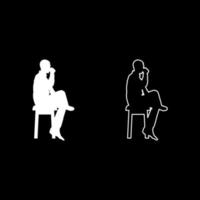 Mann trinkt aus Becher sitzend auf Hocker mit gekreuztem Bein Konzept entspannen Icon Set Farbe weiß Illustration Flat Style simple Image vektor